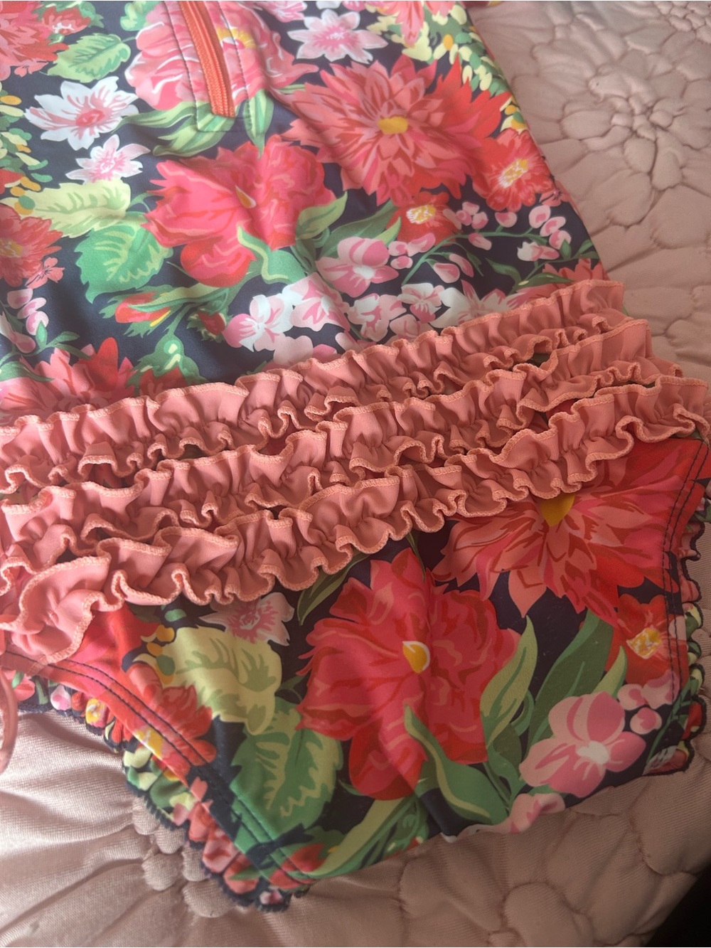 Ruffle Butts Floral Long-Sleeve One-Piece Swimsuit — Coral, Green & Black - Picture 4 of 4